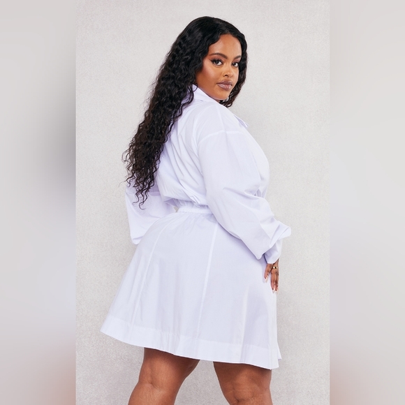 NWT PRETTY LITTLE THINGPlus White Ruched Waist Button Up Shirt Dress - Picture 7 of 10